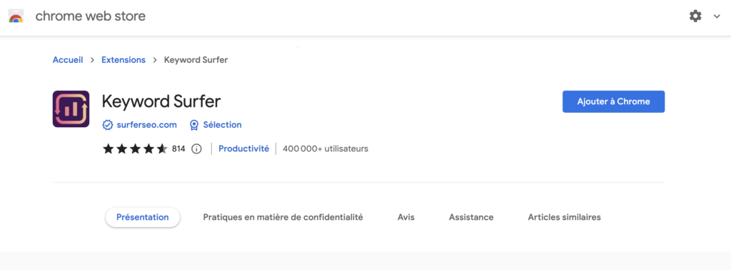 trouver mots-clés site internet avec Keyword Surfer